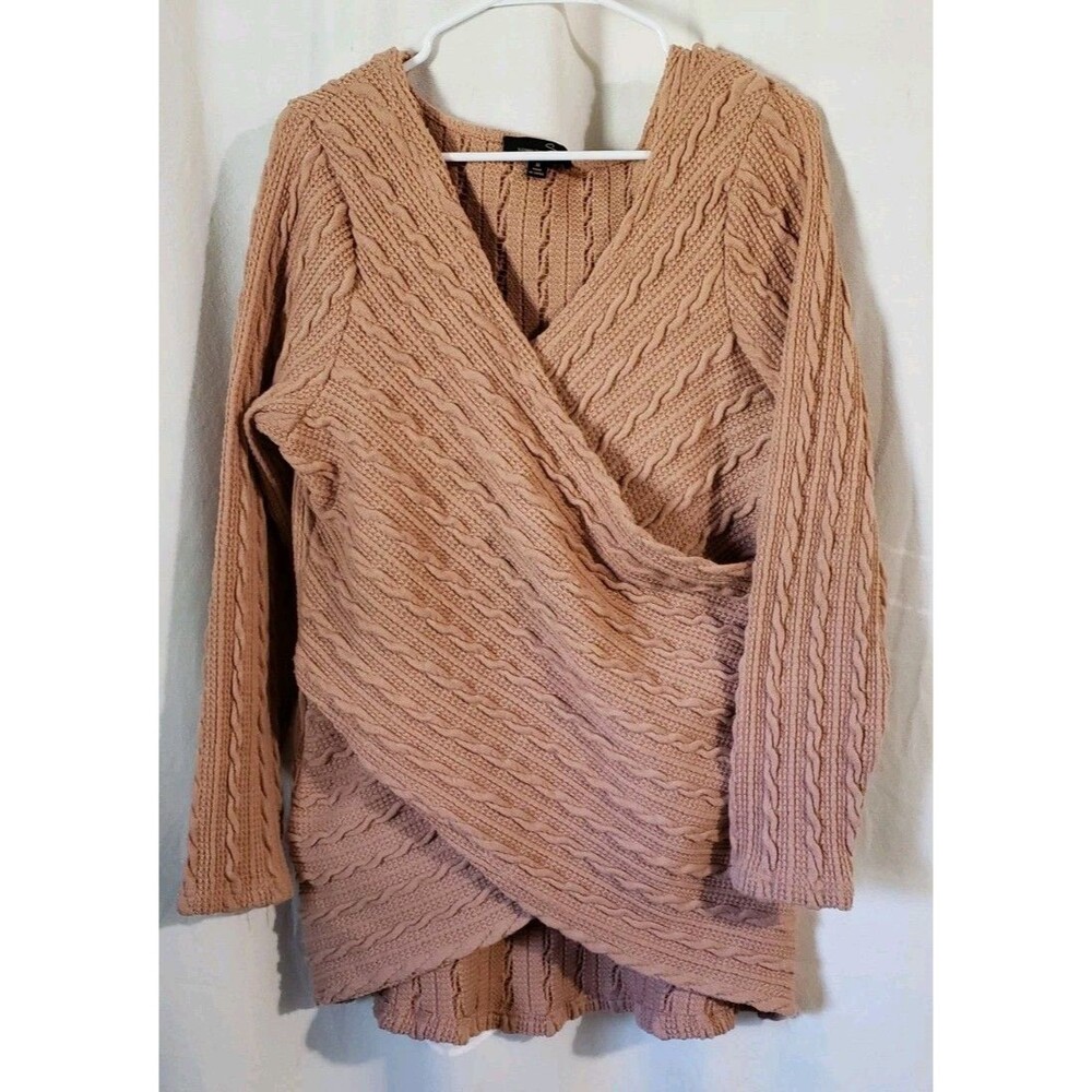 Suzanne Betro Women’s M Textured Knit Wrap Sweater Top Tan Brown Cable Knit Long